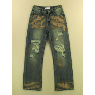 美式 9881 朋克破洞涂鸦锈洗新复古修身 C101 微喇裤 男女牛仔裤