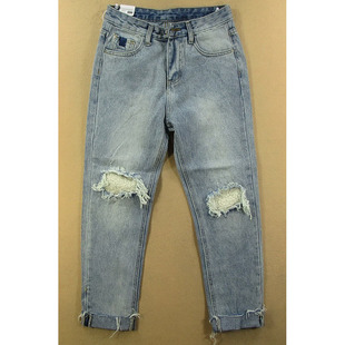 破洞纯棉高腰修身 小脚 9082 女 H403 九分裤 包邮 牛仔裤 全场