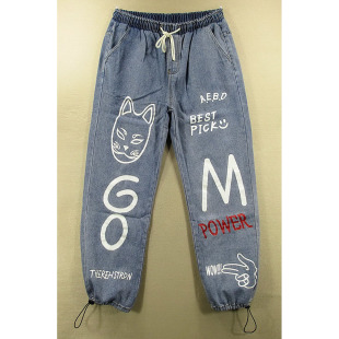 2682 牛仔裤 男慵懒风嘻哈滑板涂鸦松紧腰束脚宽大直筒Y000