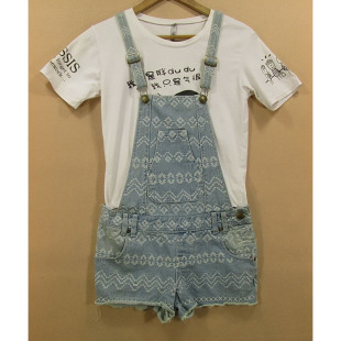 女27码 2124 刺绣流苏sv怀旧阔腿 P201 包邮 牛仔背带短裤