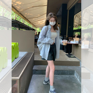 蓝色雪纺衬衫 小个子港风复古衬衣外套防晒上衣薄 女夏2025新款 法式