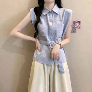 衬衫 新款 无袖 女2025夏季 Polo领收腰背心坎肩短上衣高级感 爆款 法式