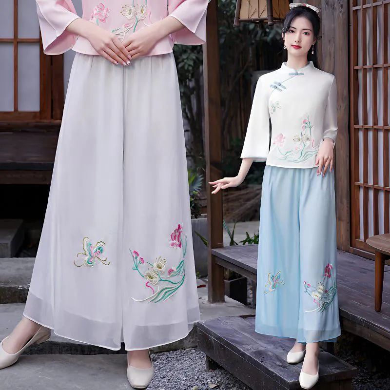 雪纺阔腿裤女士夏季薄款百搭刺绣绣花复古宽松显瘦高腰九分裙裤子