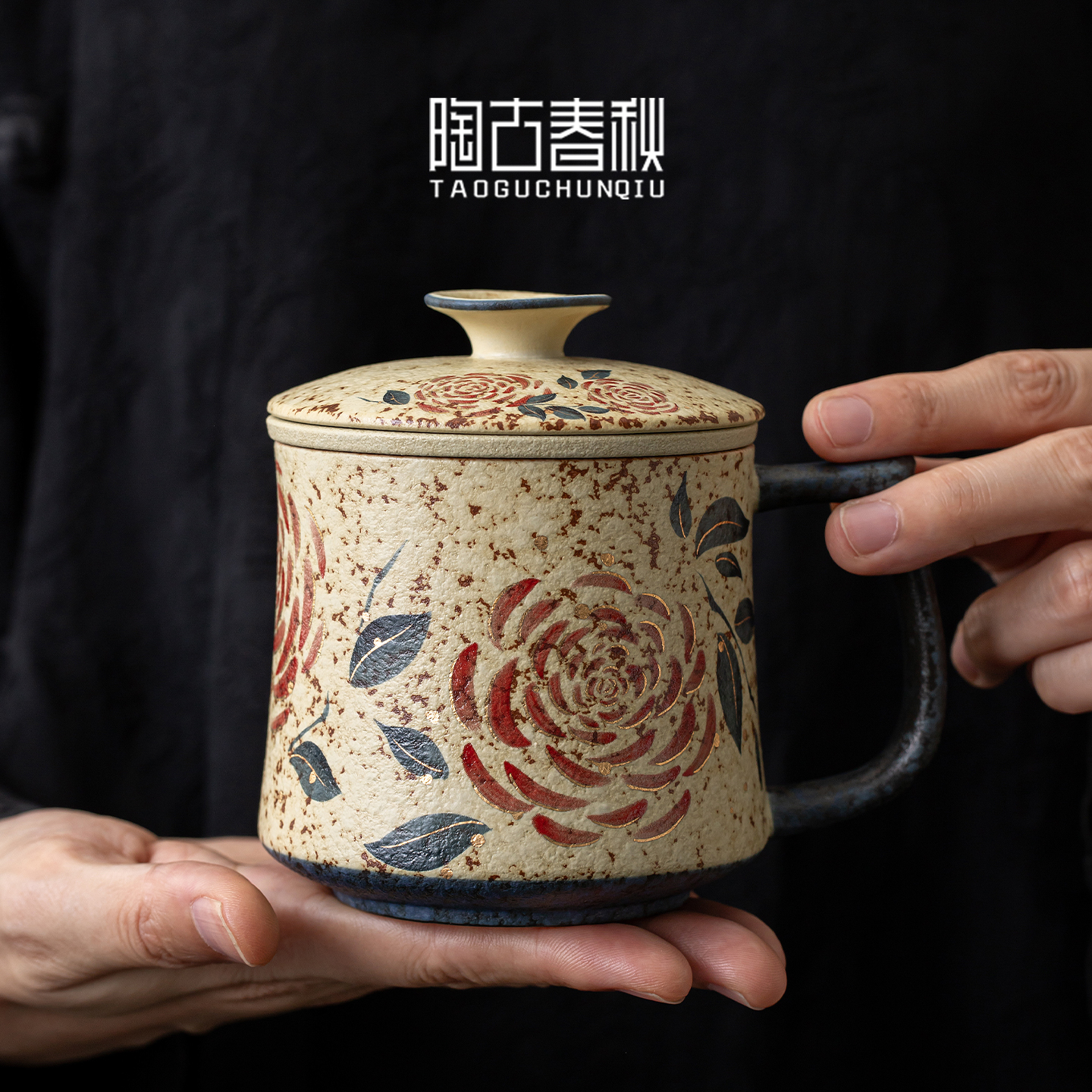 玫瑰花青花火石红办公杯