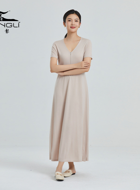 东黎 溯源款 山羊绒 精纺女士V领拉链长裙H版休闲宽松连衣裙 4202