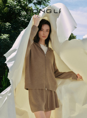 东黎山羊绒 雅逸 女士老钱风秋冬连帽拉链针织开衫宽松外套 5374