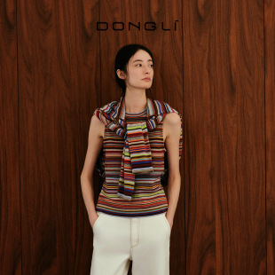 东黎山羊绒 里希特条纹 秋冬女士复古撞色圆领彩条针织背心 5364