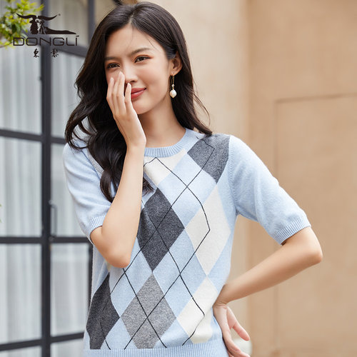 东黎复古提花撞色针织衫短袖圆领