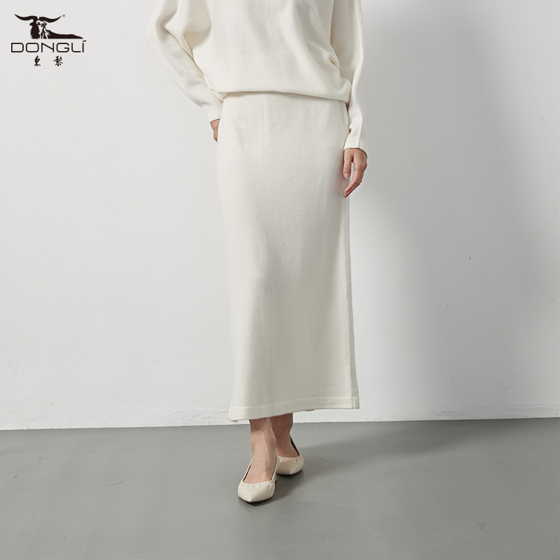 东黎后开叉优雅羊绒直筒半身裙