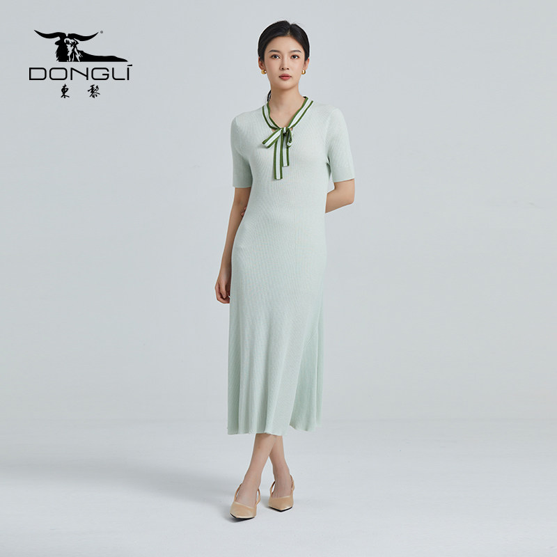 东黎 溯源款 山羊绒 精纺女士纯绒小香风撞色系带优雅连衣裙 4221