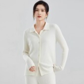 东黎小山羊绒 2095 百搭长袖 女士秋冬季 针织翻领抽条羊绒衬衣时尚