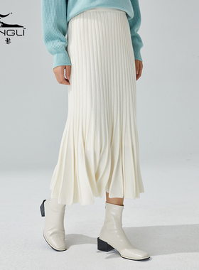 东黎小山羊绒秋冬针织女士步步生莲鱼尾裙简约高腰百褶半身裙3418