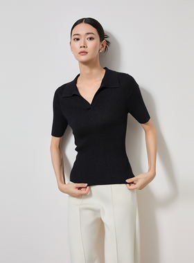 东黎 溯源款 丝绒款 女士翻领针织半袖显瘦V领纯色短袖T恤 22S014