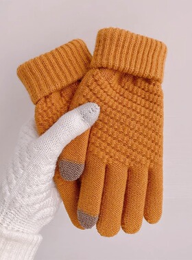 冬季学生毛线针织保暖手套加厚加绒防寒骑行提花分指手套可触屏女