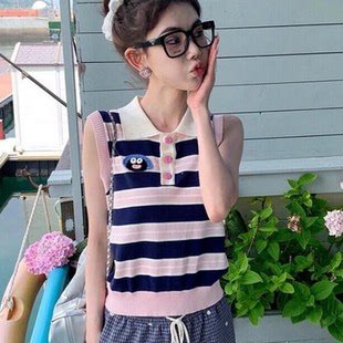 高级感别致绝美短款 韩系撞色POLO领条纹无袖 款 针织衫 小上衣 女夏季