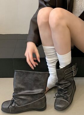 做旧褶皱堆堆短靴女双搭扣系带平跟西部工装靴慵懒显瘦中筒靴