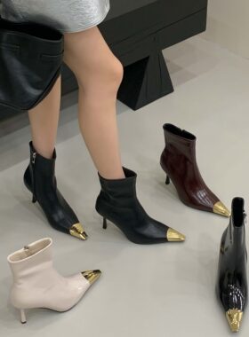 杨树林同款金属铁头短靴女黑色性感时装靴子细跟百搭侧拉链女单靴
