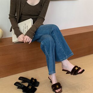 高级感！法式水钻水貂毛高跟毛毛拖鞋女2025秋冬外穿露趾坡跟凉拖