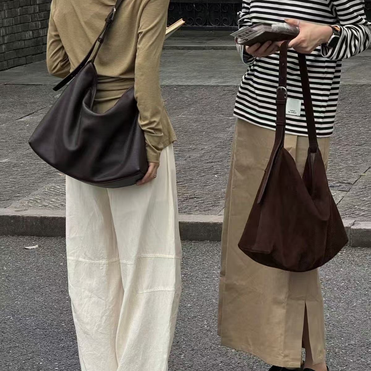 裘真植鞣磨砂皮自在hobo包慵懒复古单肩斜挎大容量通勤包包女