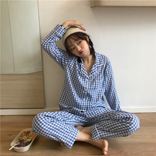 shinely夏莉 韩国春秋甜美小蓝格子格纹包边衬衫长裤家居服睡衣女
