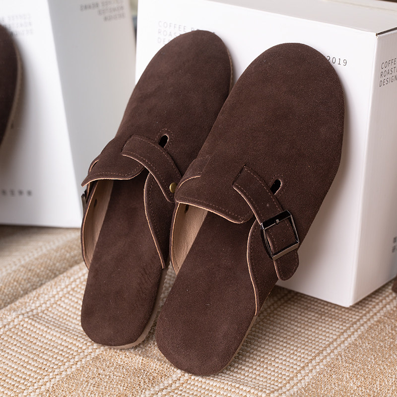 牛皮面包头半拖鞋女2025年春夏法式复古休闲包头凉鞋女平底勃肯鞋