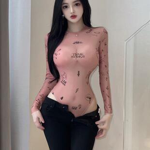 连体衣内搭女装 格格家 修身 印花透视网纱防晒长袖 T恤 网红主播时尚