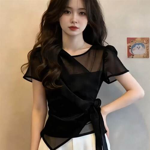 大码法式黑色系带短袖T恤女夏季胖mm设计感小众体恤显瘦藏肉上衣
