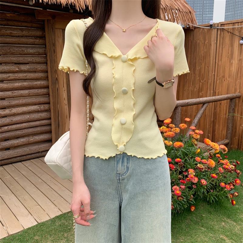 多巴胺黄色木耳花边针织短袖t恤女设计感小众修身短款冰丝上衣夏