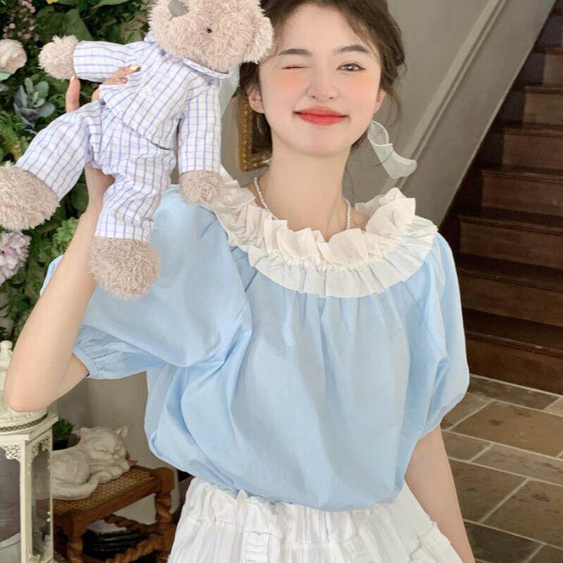 大码法式甜美泡泡袖衬衫女夏季胖MM衬衣一字肩上衣蓬蓬半身裙套装