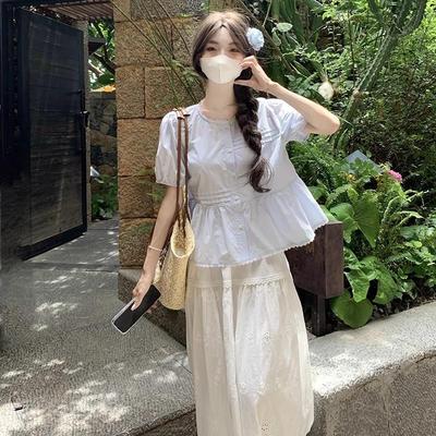 蓝色短款泡泡袖棉麻上衣女夏日娃娃衫套装元气轻活风衬衫配半身裙