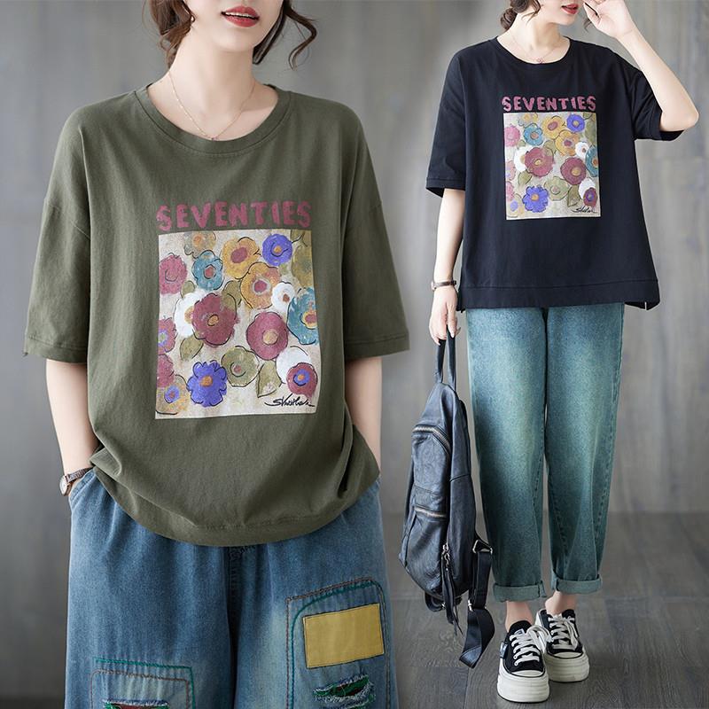 大码印花短袖t恤女夏2024新款宽松显瘦半袖体恤洋气减龄别致上衣