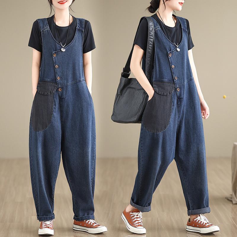 文艺复古撞色大口袋牛仔背带裤女夏季宽松休闲垮裤减龄吊带连体裤