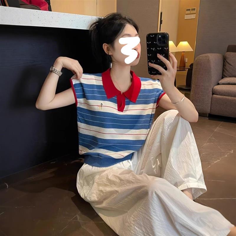 撞色条纹polo领针织冰丝小飞袖短款上衣女夏季小个子正肩短袖t恤