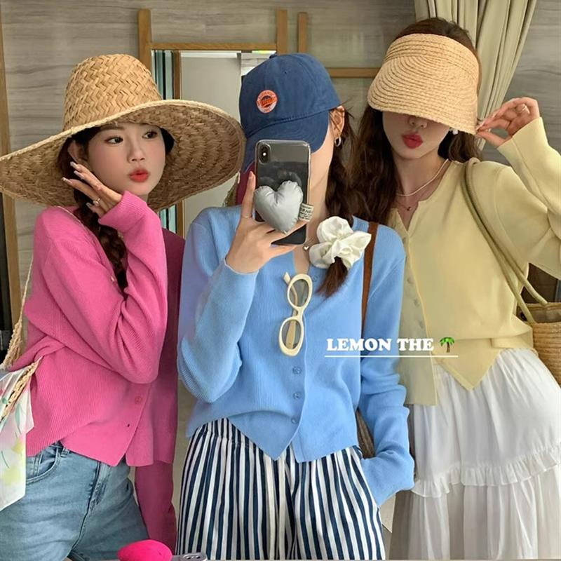 韩系小v领针织开衫外套女春夏薄款外搭防晒罩衫糖果色空调衫上衣