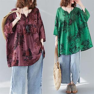 中长款 娃娃衫 大码 韩版 宽松遮肚显瘦V领棉麻衬衣 上衣女夏2024新款