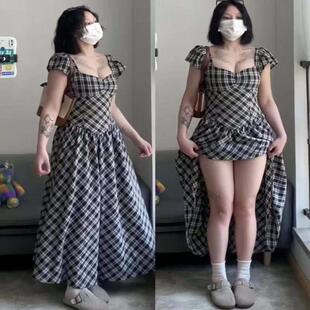 2025新款 连衣裙女夏季 气质收腰显瘦遮肚子格子包臀长裙子 法式 大码