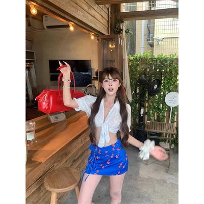 法式提花泡泡袖短袖衬衫女夏季纯欲风设计感小众白色绑带短款上衣