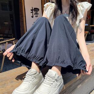 白色冰丝棉麻灯笼裤女夏季薄款高腰宽松显瘦木耳边休闲裤九分裤子