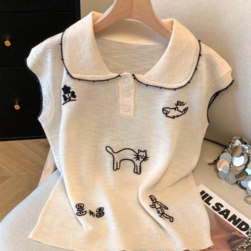 法国刺绣翻领小飞袖背心女士夏季高端宽松西式冰丝Polo衫针织上衣