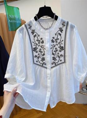 白色刺绣苎麻衬衫女短袖2025夏季新款宽松休闲度假风洋气小衫上衣
