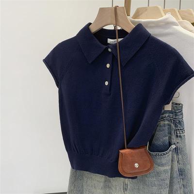 高级感藏蓝色POLO领短袖针织衫女夏2025新款独特别致短款T恤上衣