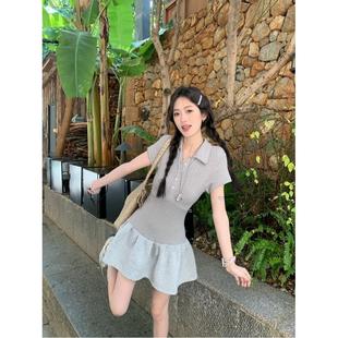 POLO领连衣裙女夏季 温柔甜美风长袖 小众收腰显瘦A字裙小个子短裙