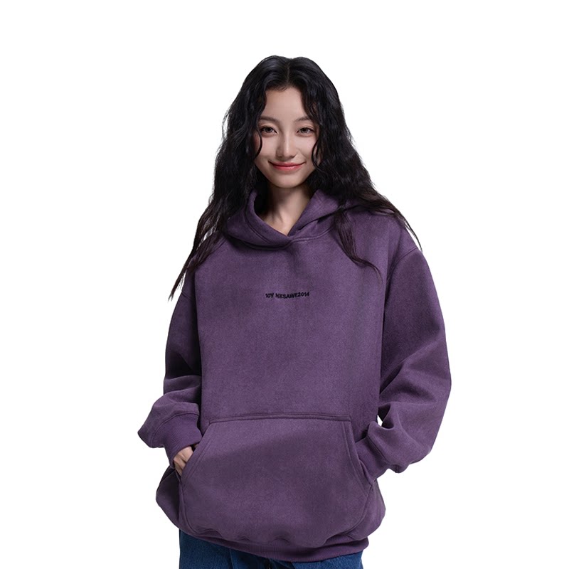 紫色麂皮绒加绒加厚卫衣女24冬新款韩系小个子慵懒风宽松连帽外套