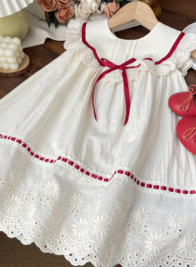 2025夏女童红色蝴蝶结蕾丝花边无袖连衣裙宝宝纯棉公主裙儿童裙子