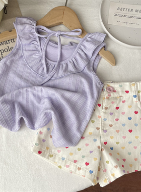 2024新款紫色系简约风小童装女宝女童荷叶边系带无袖背心t恤上衣