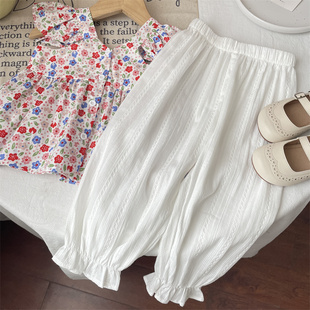 白色棉质薄款束脚裤中小童休闲夏季女童宝宝竖条防蚊裤灯笼裤裤子