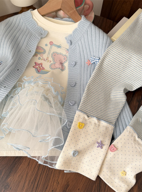 韩系2026春季小清新宝宝波点蓝色条纹拼接打底裤女童外穿裤子儿童