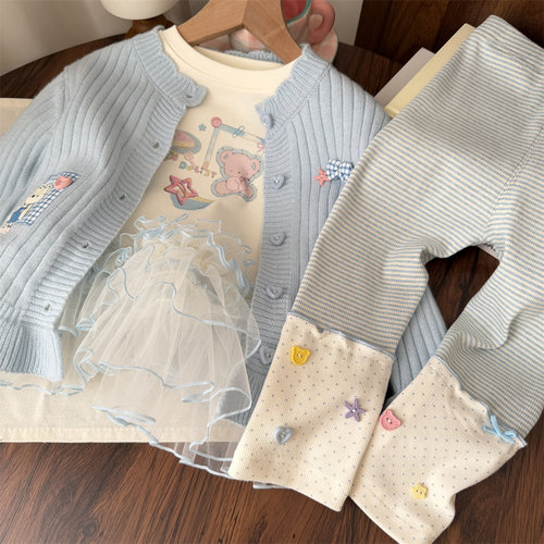 韩系2026春季小清新宝宝波点蓝色条纹拼接打底裤女童外穿裤子儿童