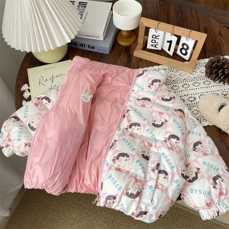 韩范童装冬季女童双面穿休闲立领羽绒服宝宝保暖外套儿童满印花潮