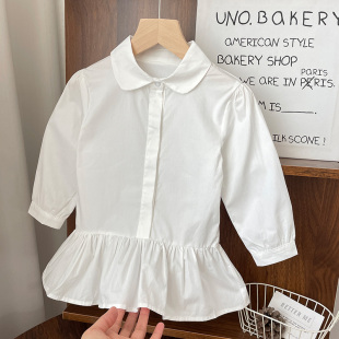 白色韩版 2023童装 裙长袖 女宝宝翻领衬衫 女童春秋洋气a字裙潮 新款